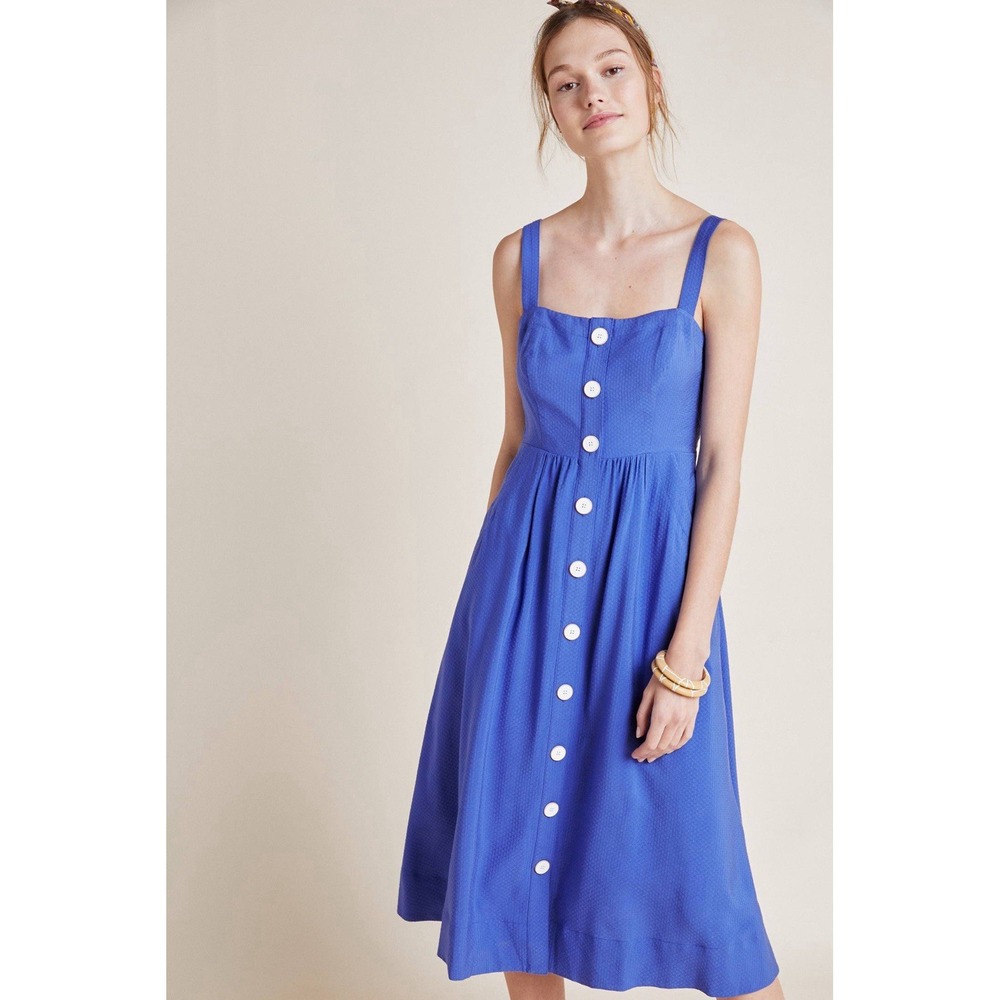 Anthropologie Maeve Rosemary Midi Dress Women 14 Button Front Smocked Seersucker